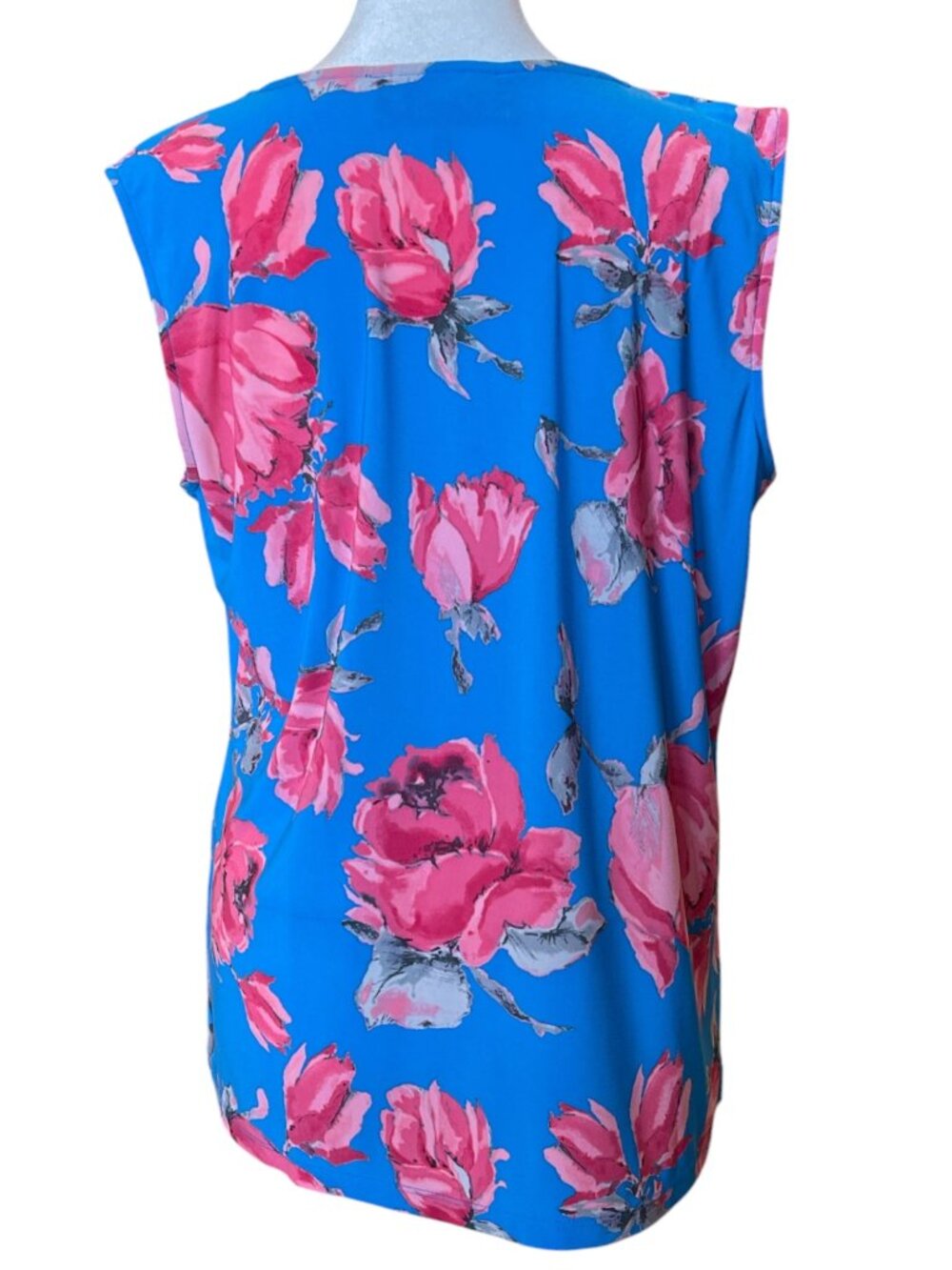 Blue Pink Floral Pleated Keyhole Scoop Neck Sleeveless Shell Blouse Tank Top - Picture 3 of 3